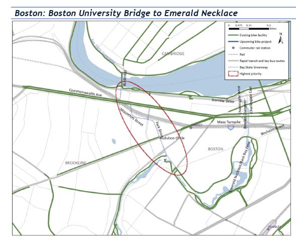 Section 5.2-Boston: Boston University Bridge to Emerald Necklace
This figure is a map that shows the gap from the BU Bridge along Mountfort Street and Park Drive to the Fenway.
